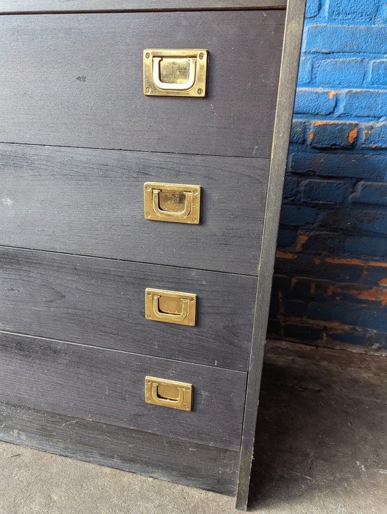 Image 1 of Vintage black Danish chest of drawers / brass