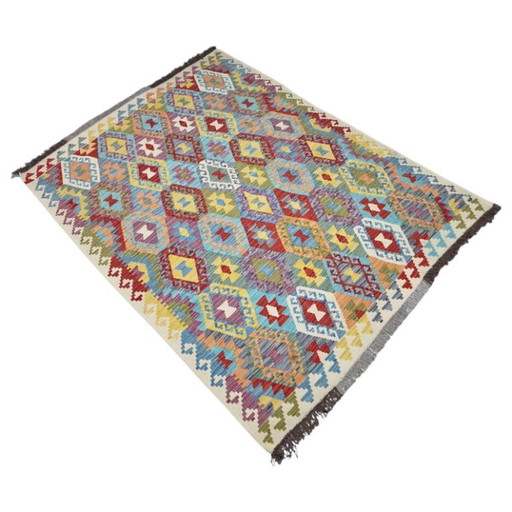 Handgewebter afghanischer Kelim-Teppich – Maimana-Wolle, geometrisches Muster (210 x 164 cm) (photo 2 of 5)