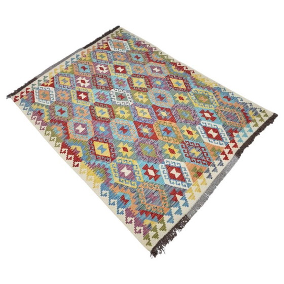 Handgewebter afghanischer Kelim-Teppich – Maimana-Wolle, geometrisches Muster (210 x 164 cm) (photo 2 of 5)