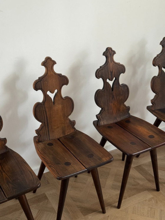 Image 1 of Set Of 4 Vintage Brutalist Tyrolean Chairs (1950s–60s, Solid Oak)