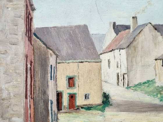 Antique oil painting, picturesque village view "Felenne" (1954) – Post-Impressionism – Decorative Objects (photo 4 of 9)