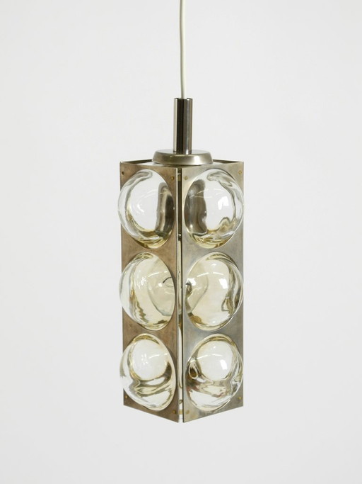 Beautiful 1960s Space Age pendant lamp by Temde, made of glass and nickel-plated metal