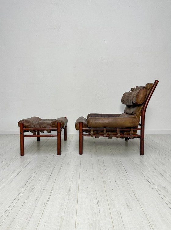 Image 1 of Poltrona lounge e poggiapiedi vintage in pelle Inca di Arne Norell per Norell Möbel AB, design svedese, anni '70.