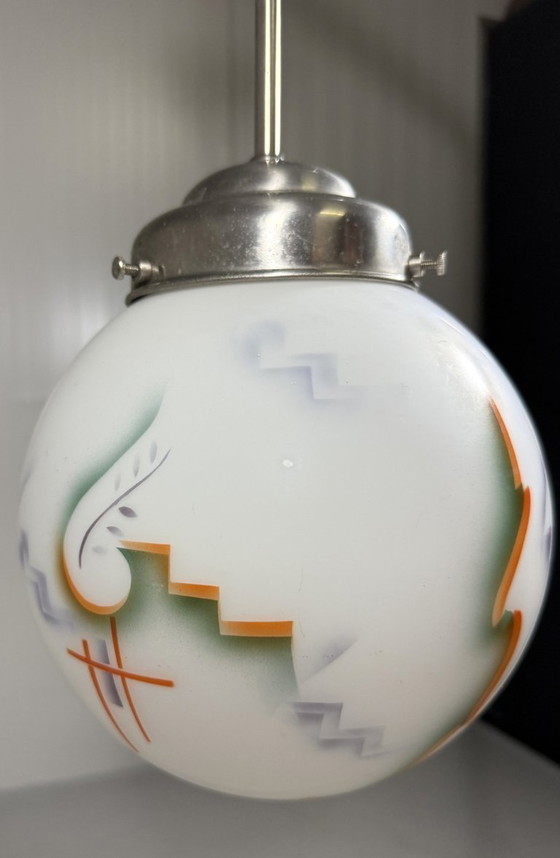 Image 1 of Art-Deco-Pendelleuchte aus Buntglas