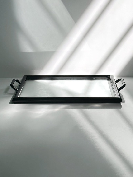 Image 1 of Plateau italien 1980 Vintage Bois Verre 80 Plateau de service Italian Modern Plateau de service en bois laqué