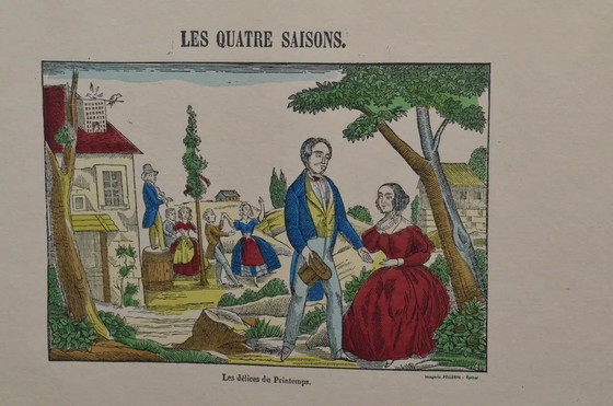 1920s Set of 4 French Imagerie Pellerin “Four Seasons” Hand-Colored Prints, Epinal – Art Prints, Paper, Glass (photo 3 of 17)
