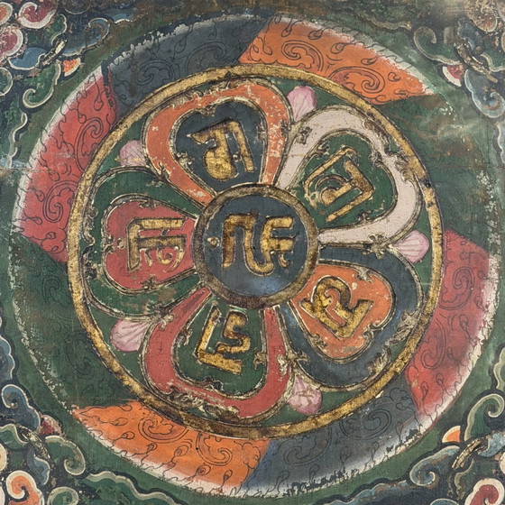 61x65 cm Thangka Mandala Tibétain Antique | Ranjana Mantra | 9 kg Art Mural – Peintures et dessins, Wood, Gold (photo 3 of 5)