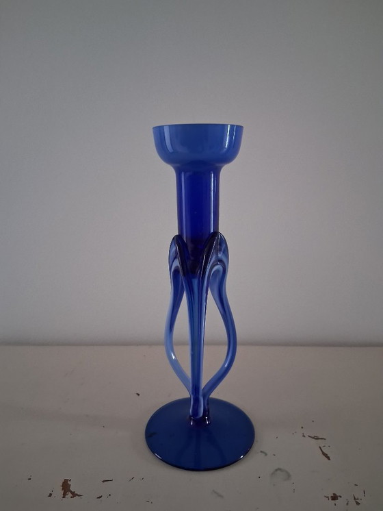 Image 1 of Józefina (Krosno, Pologne) Bougeoir en verre artistique, bleu et blanc