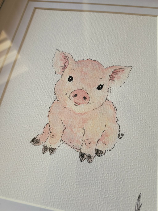 Original watercolor piglet including frame