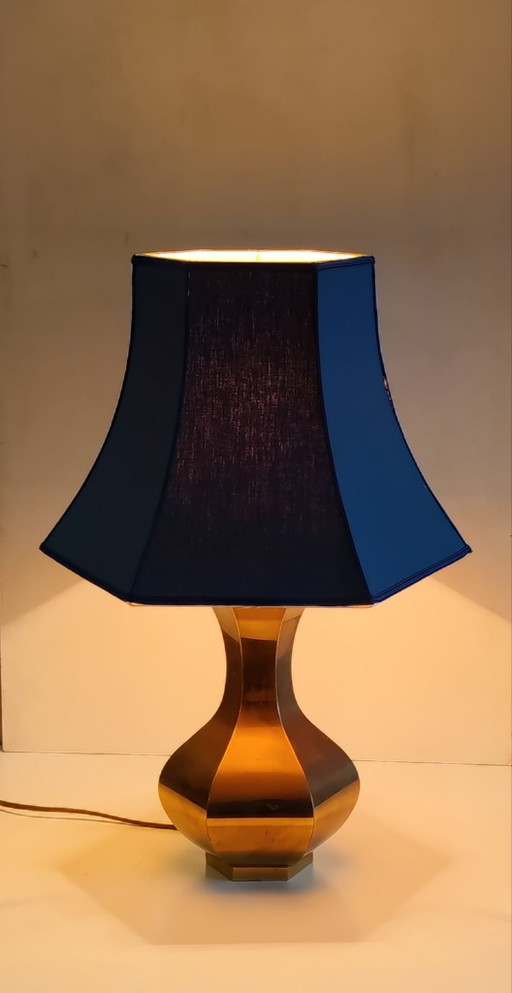 70s design Table lamp in gilded brass and blue fabric