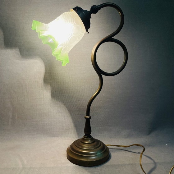 Art Nouveau Inspired Curved Brass Green Tulip Glass Table Lamp (photo 3 of 14)
