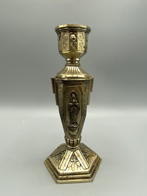 Antieke verzilverde kaarsenhouder met afbeelding van de Wonderbaarlijke Maagd Maria – Religieuze kunst – decoratieve objecten