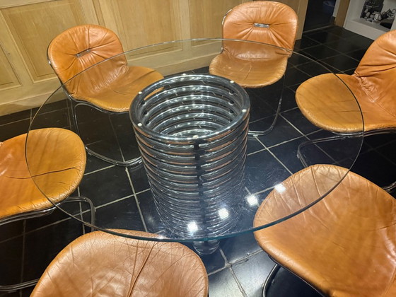 Dining set with glass table and six leather chairs, Rinaldi, Chrome, Brown, Mid Century Modern (photo 2 of 6)