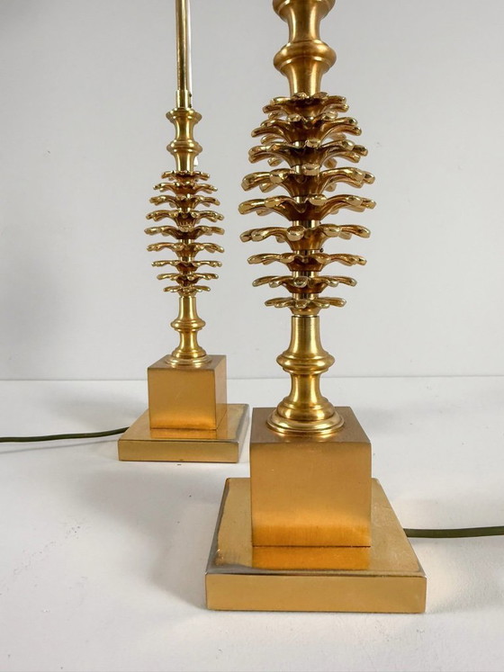Image 1 of Set of 2 table lamps by Maison Charles, Hollywood Regency, pine cone/pine, France, 1970s
