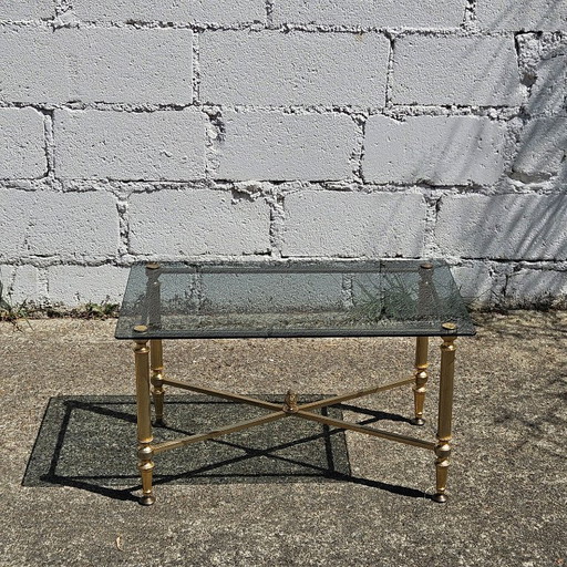 French vintage smoked Glass and Brass Coffee Table -Lounge Table Hollywood Regency Style-80s