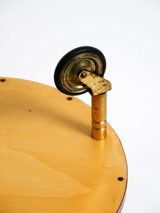 Image 1 of Round, small 1960s Aldo Tura serving or bar trolley in red goatskin leather | Made in Italy