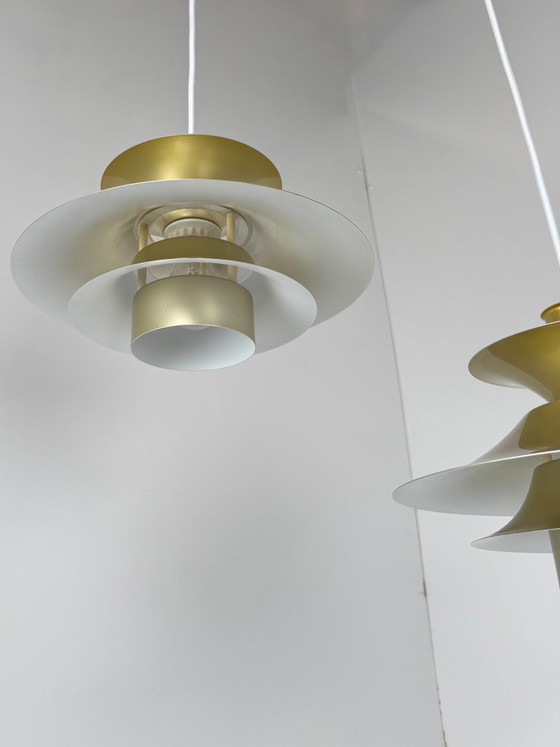 Pair of Model 4108 Pendant Lamps, Lyfa, Denmark, c. 1970s-1980s, Metal, Gold, Mid Century Modern (photo 8 of 13)