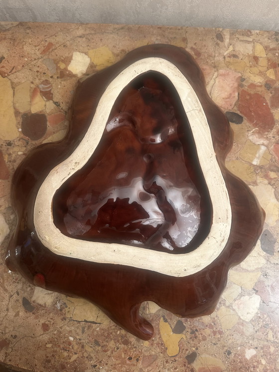 Image 1 of Vintage keramische fruitschaal of zaklepel Barbotine in blad toegeschreven aan Vallauris - 35/40 cm