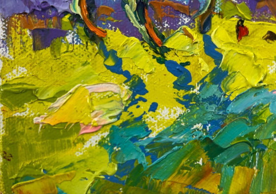 Image 1 of Original Oil Painting: Summer Field Landscape Poplars Above the Path in Fog