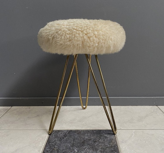 Image 1 of wool top brass small stool 1960s Sheep skin top