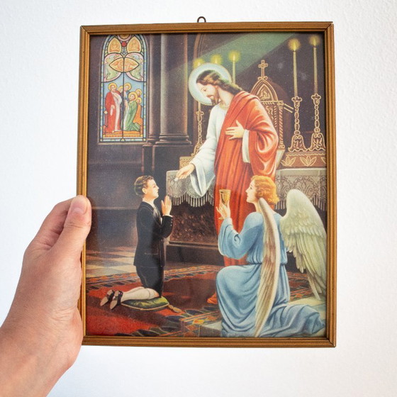 Image 1 of Lámina religiosa conmemorativa antigua enmarcada para la Primera Comunión.
