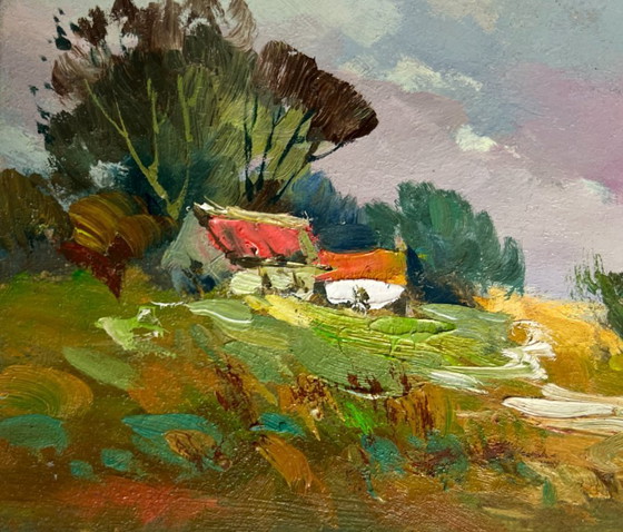 Image 1 of Original Oil Painting Summer Village Landscape The sky over the village was overcast