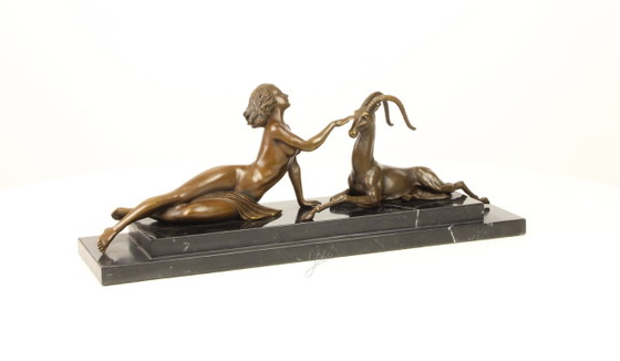 Image 1 of BRONZE STATUE OF AN AMAZON WITH ANTILOPE