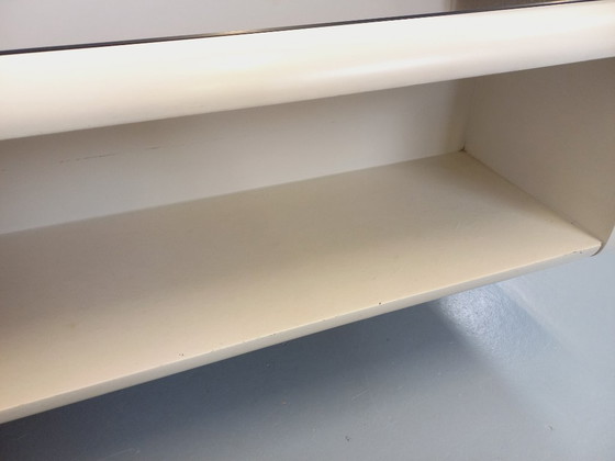 Image 1 of Vintage square coffee table in Space Age style, made of white wood and smoked glass, from the 1970s