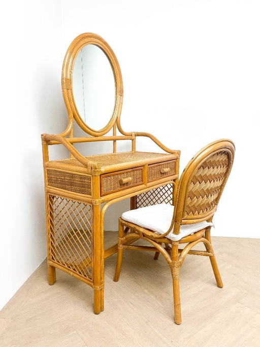 Vintage rattan dressing table with chair and mirror