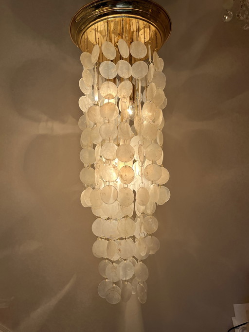 Vintage 60's capiz design gold frame pendant ceiling lamp
