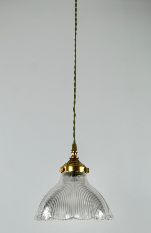 Lámpara colgante francesa vintage Holophane de cristal