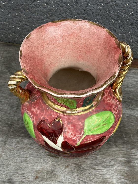 Image 1 of Beau Vase Vallauris Rose Bonbons et Motifs Floraux H 20 cm