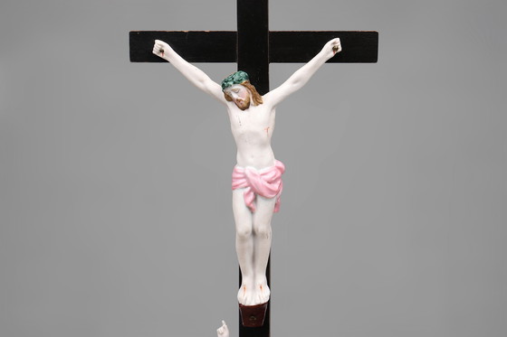 Image 1 of Holy Water Font in Porcelain with Crucifix from Vieux Andenne, Belgium, 20th Century