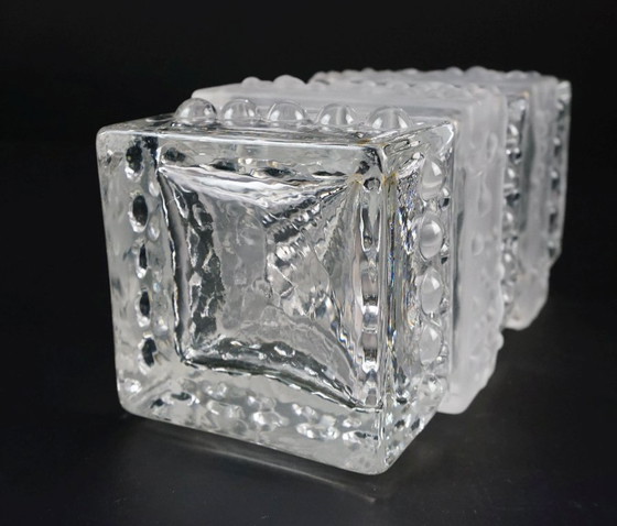 Image 1 of mid century modern GLASS VASE, block vase, textured surface, relief decoration, clear glass, satin glass