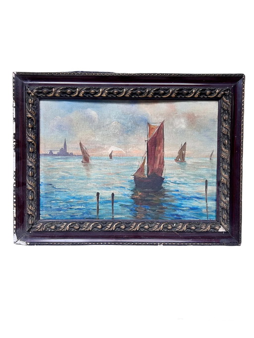 Pintura al óleo sobre contrachapado de un paisaje marino de T. Morelli, años 40