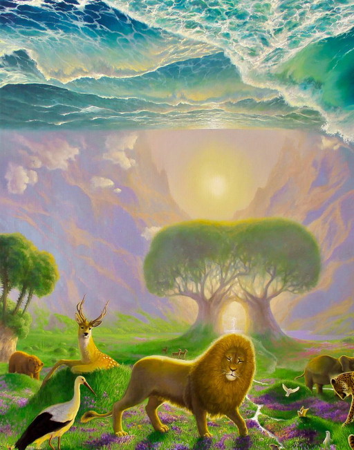 Original Oil Painting Nature Landscape Fantasy Animals Creation of the World – schilderijen tekeningen, Canvas (photo 2 of 8)