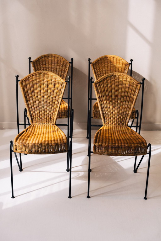 Chaises en osier Frederic Weinberg avec pieds en fer forgé