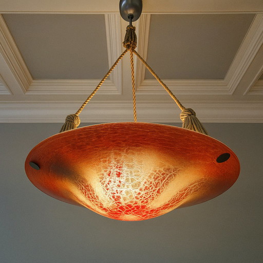 Antieke Oranje Duits Art Deco WMF Ikora Glazen Hanglamp 1930s / glass art deco orange hanging light 