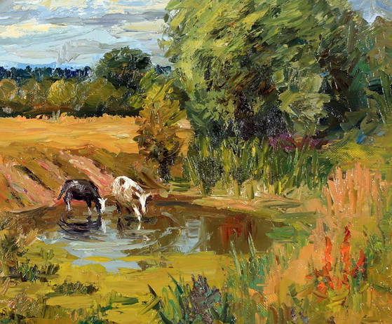 Peinture à l'huile originale Paysage naturel Campagne Pâturage Au point d'eau – Peintures et dessins, Canvas (photo 7 of 8)