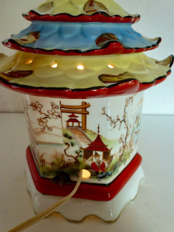Image 1 of Vintage Perfume Lamp / Smoke Dispeller in the Shape of a Chinese Pagoda - Porcelain.