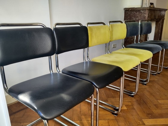 Image 1 of Set van 6 Dutch Originals Gispen Buisframe Eetkamerstoelen (zwart, groen, grijs/blauw)