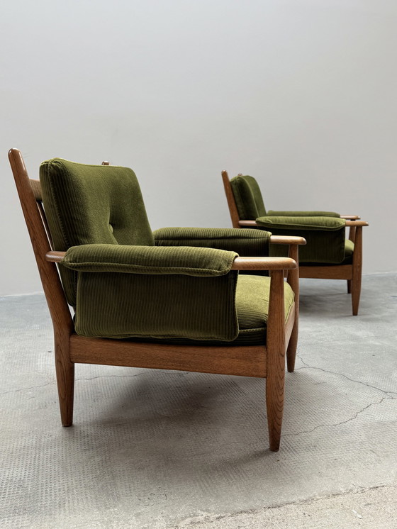 Image 1 of Lot de 2 fauteuils Wilhelm Knoll accoudoirs chêne bois massif velours vert, Allemagne années 1960