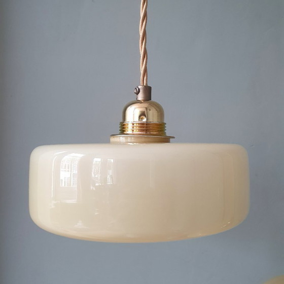 Image 1 of Vintage pendant lamp set (2) of yellow pastel opaline glass. Art Deco design.