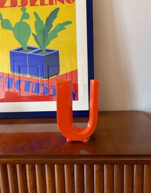 Space age orange U letter shaped ceramic solifleur vase, Marcel Radureau ca. 1970