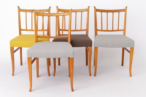 Set of 4 Vintage Beech Dining Chairs, 1950s Mid Century Modern Chairs, Restored Wooden Chairs, Newly Upholstered Colorful Fabric