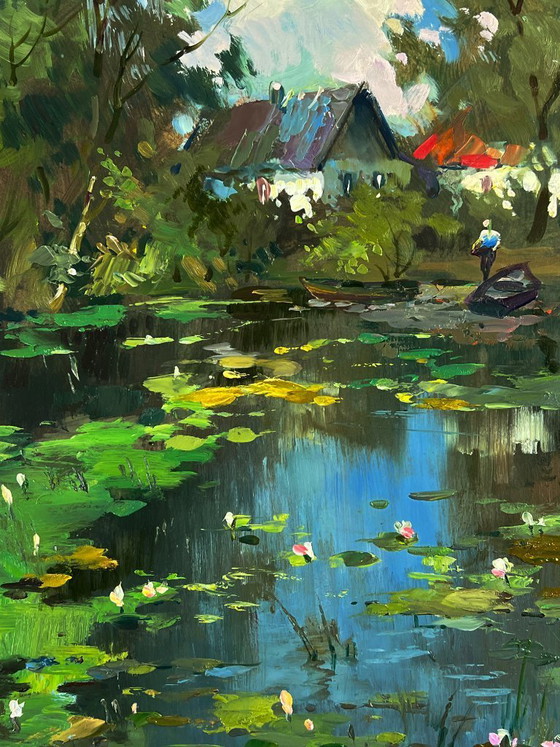 Image 1 of Peinture à l'huile originale représentant un paysage naturel, une campagne, un village et un lac derrière les arbres.