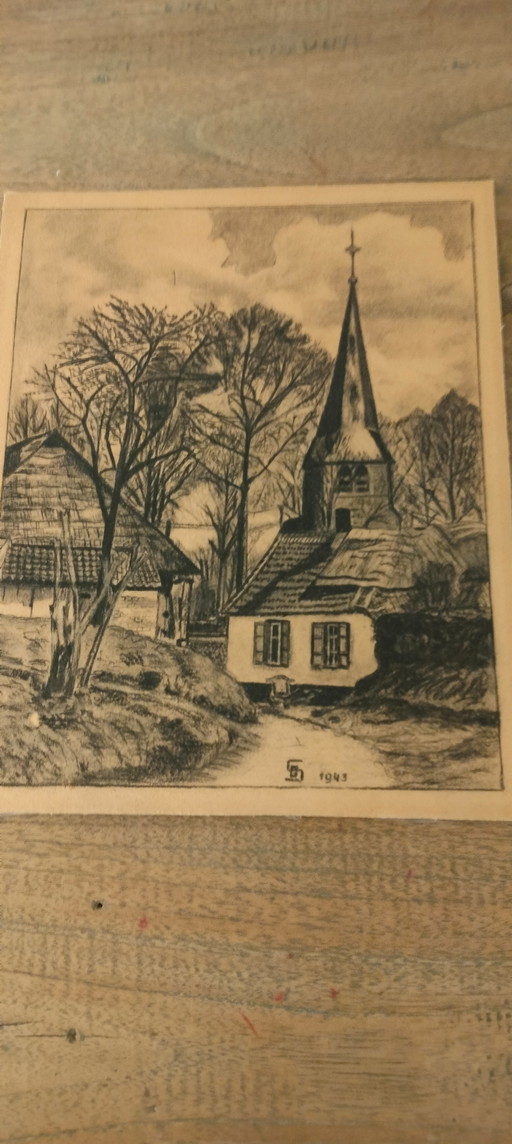 Charcoal drawing of a small church/chapel in Sint Anna Pede made by S. G. in 1943 and sold in 1980.