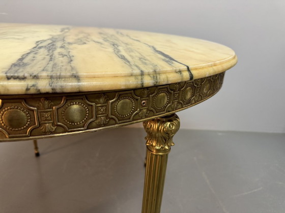 Image 1 of Mid-Century Stylish Marble Centre Table with Beautifully Decorated Brass Frame and Legs Attributed to Maison Jansen. France,1950