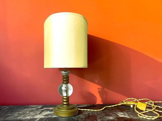 Vintage Hollywood Regency Inspired Brass Table Lamp With Silk Rum Lampshade – Textile (photo 3 of 12)