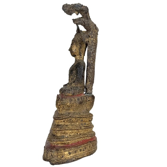 Statue antique dorée de Bouddha Naga Thaï – Protection Muchalinda – 19 cm – Sculptures, Bronze, Brass (photo 8 of 10)